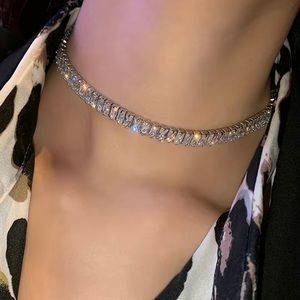 Ladies clear baguette silver plated intense sparkle tennis necklace